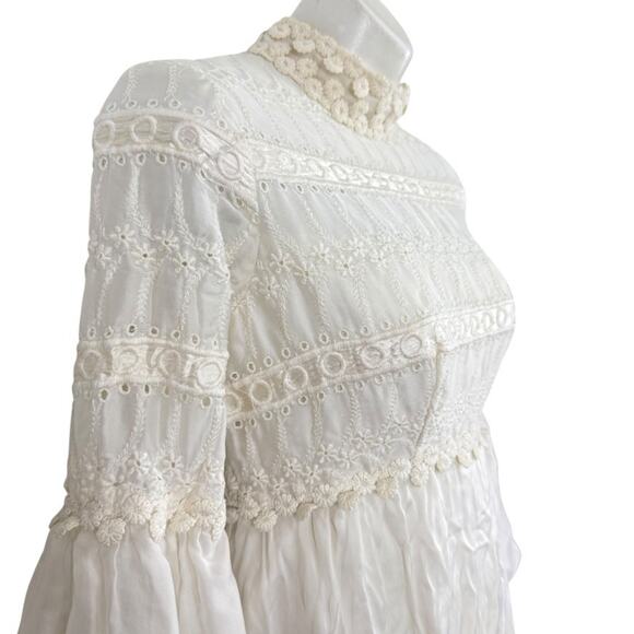 Vintage Prairie Cottagecore Victorian Bishio Sleeve Embroidered Ivory Dress XS - Picture 4 of 14